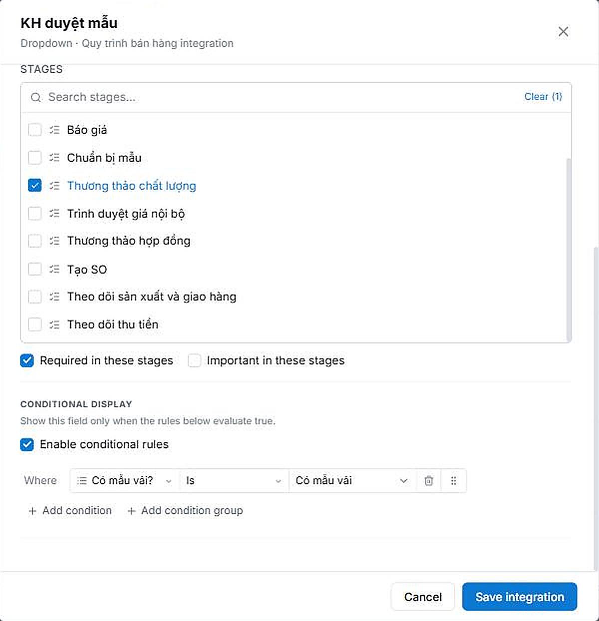 Required in these stages và Conditional display