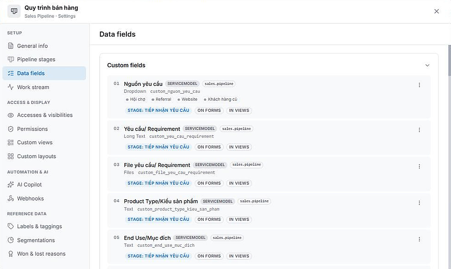 Sales › Settings › Data fields