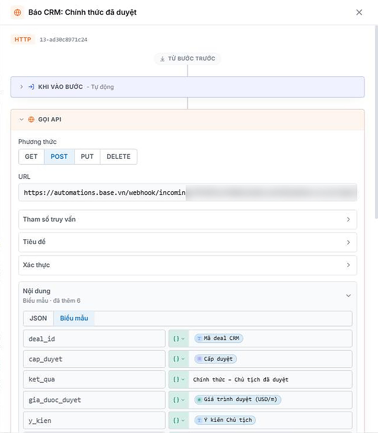 Bước HTTP báo kết quả về CRM